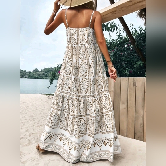 New Boho Tribal Print Flowy Maxi Slip Dress Cami Brown Tan White - Picture 2 of 6